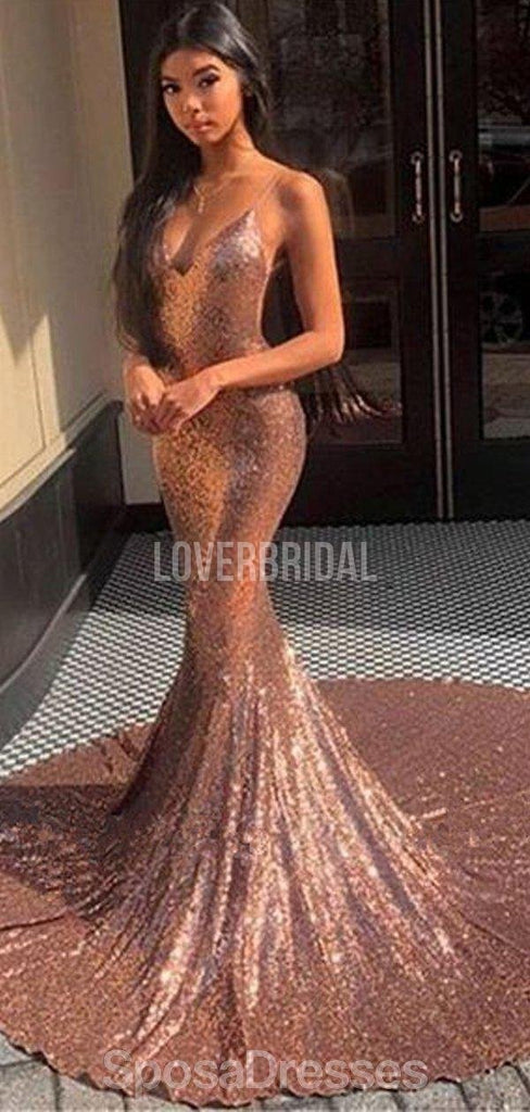 Spaghetti Straps Rose Gold Mermaid Evening Prom Dresses, Evening Party Prom Dresses, 12212