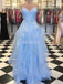 Spaghetti Straps Ruffle Blue Long Evening Prom Dresses, Evening Party Prom Dresses, 12227