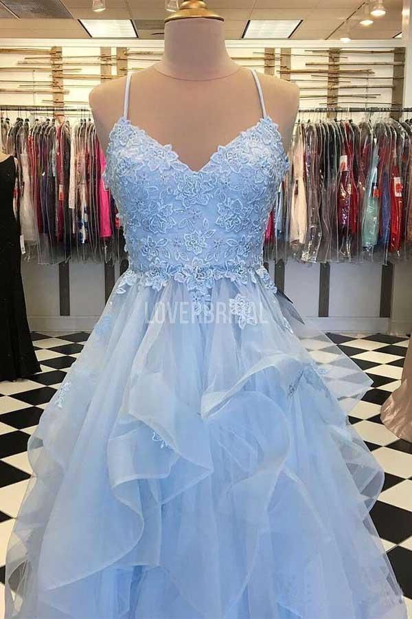 Spaghetti Straps Ruffle Blue Long Evening Prom Dresses, Evening Party Prom Dresses, 12227