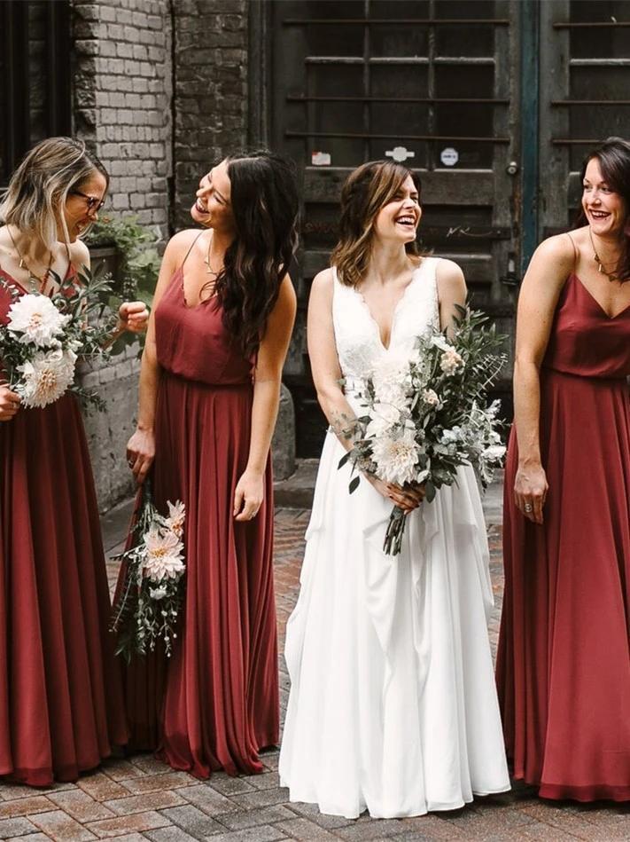 Spaghetti Straps Rust Red Long Bridesmaid Dresses Online, Cheap Bridesmaids Dresses, WG740