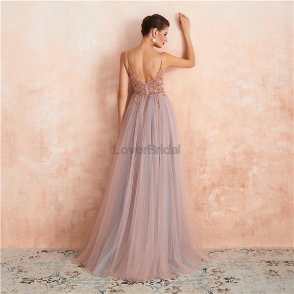 Spaghetti Straps See Through Beaded A-line Long Evening Prom Dresses, Evening Party Prom Dresses, 12135