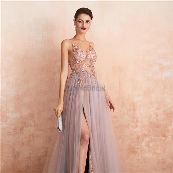 Spaghetti Straps See Through Beaded A-line Long Evening Prom Dresses, Evening Party Prom Dresses, 12135