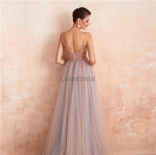 Spaghetti Straps See Through Beaded A-line Long Evening Prom Dresses, Evening Party Prom Dresses, 12135