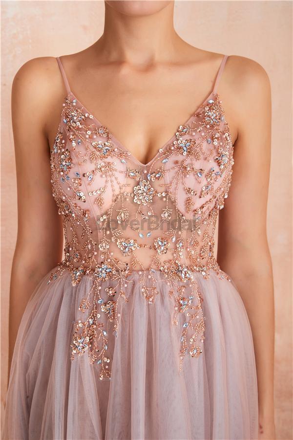 Spaghetti Straps See Through Beaded A-line Long Evening Prom Dresses, Evening Party Prom Dresses, 12135