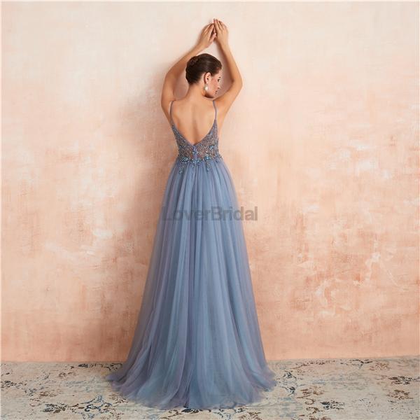 Spaghetti Straps See Through Beaded A-line Long Evening Prom Dresses, Evening Party Prom Dresses, 12135