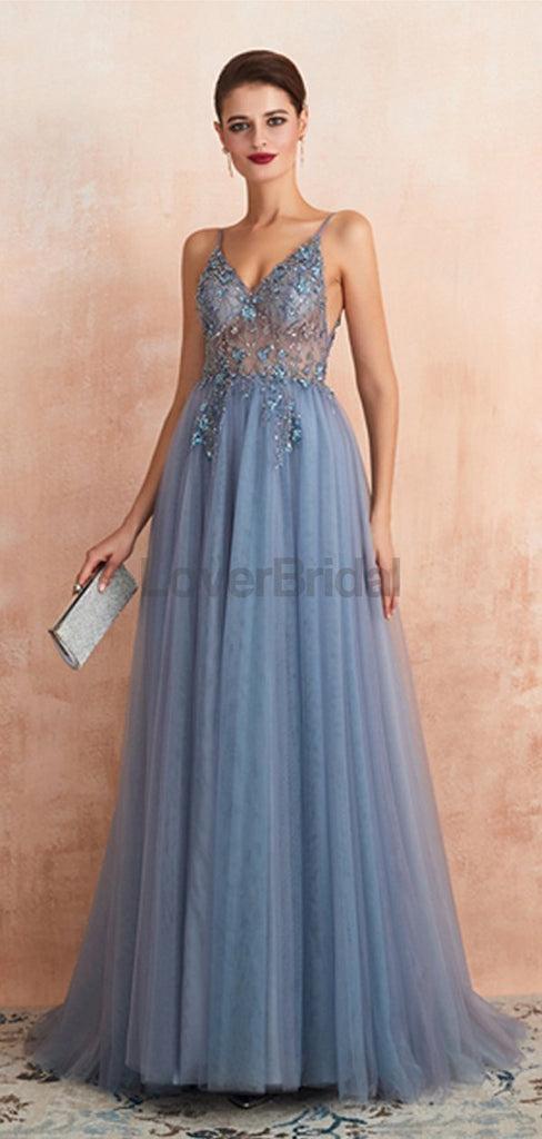 Spaghetti Straps See Through Beaded A-line Long Evening Prom Dresses, Evening Party Prom Dresses, 12135