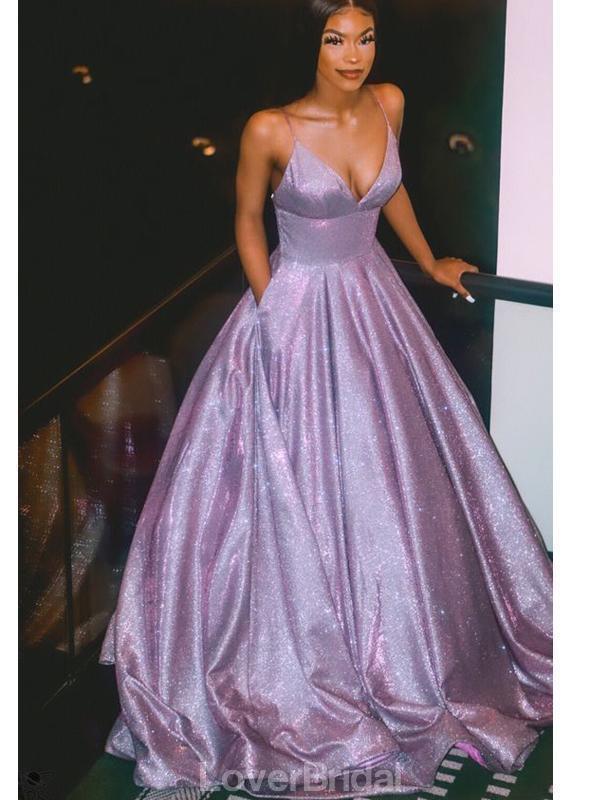 Spaghetti Straps Shiny Purple A-line Cheap Long Evening Prom Dresses, Evening Party Prom Dresses, 12147