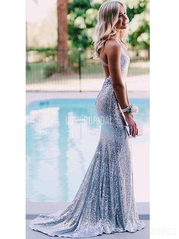 Spaghetti Straps Silver Mermaid Long Evening Prom Dresses, Evening Party Prom Dresses, 12214