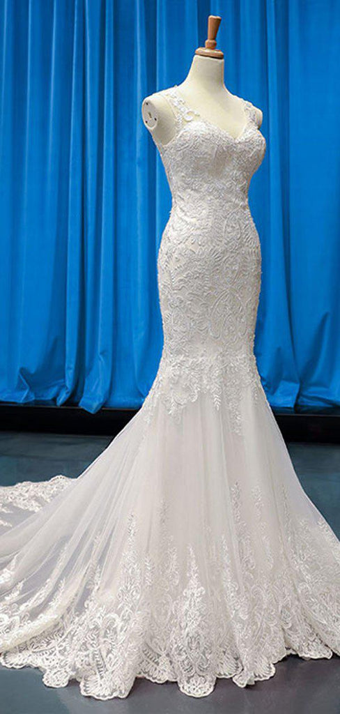 Spaghetti Straps V Neck Lace Mermaid Wedding Dresses, Cheap Wedding Gown, WD718