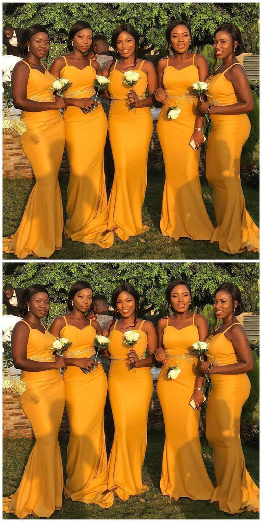 Spaghetti Straps Yellow Mermaid Cheap Long Cheap Bridesmaid Dresses Online, WG645