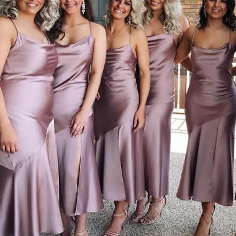 Spahgetti Straps Dusty Purple Tea Length Cheap Custom Bridesmaid Dresses Online, WG270