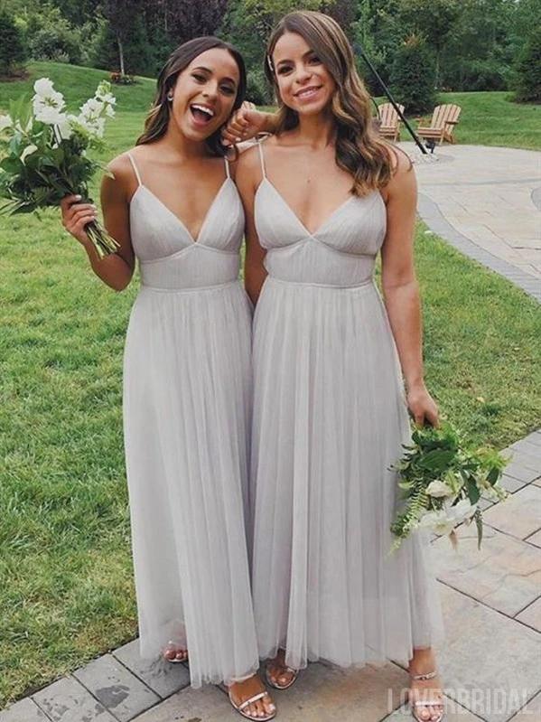 Spahgetti Straps Grey Tulle Long Bridesmaid Dresses Online, Cheap Bridesmaids Dresses, WG734