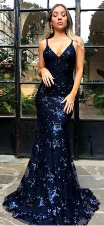 Sparkly Backless Navy Sequin Mermaid Long Evening Prom Dresses, 17707