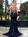 Sparkly Backless Navy Sequin Mermaid Long Evening Prom Dresses, 17707