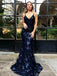 Sparkly Backless Navy Sequin Mermaid Long Evening Prom Dresses, 17707