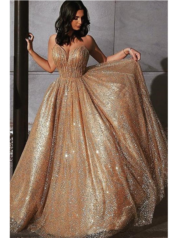 Sparkly Gold Mermaid Spaghetti Straps Backless Maxi Long Prom Dresses,12931