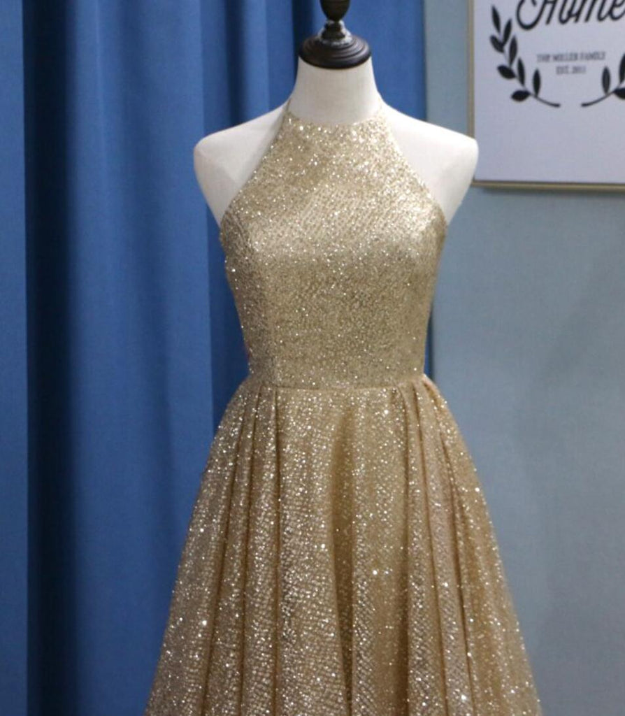 Sparkly Gold Sequin A-line Long Evening Prom Dresses, Evening Party Prom Dresses, 12295