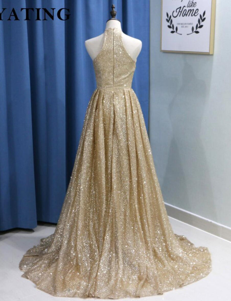 Sparkly Gold Sequin A-line Long Evening Prom Dresses, Evening Party Prom Dresses, 12295