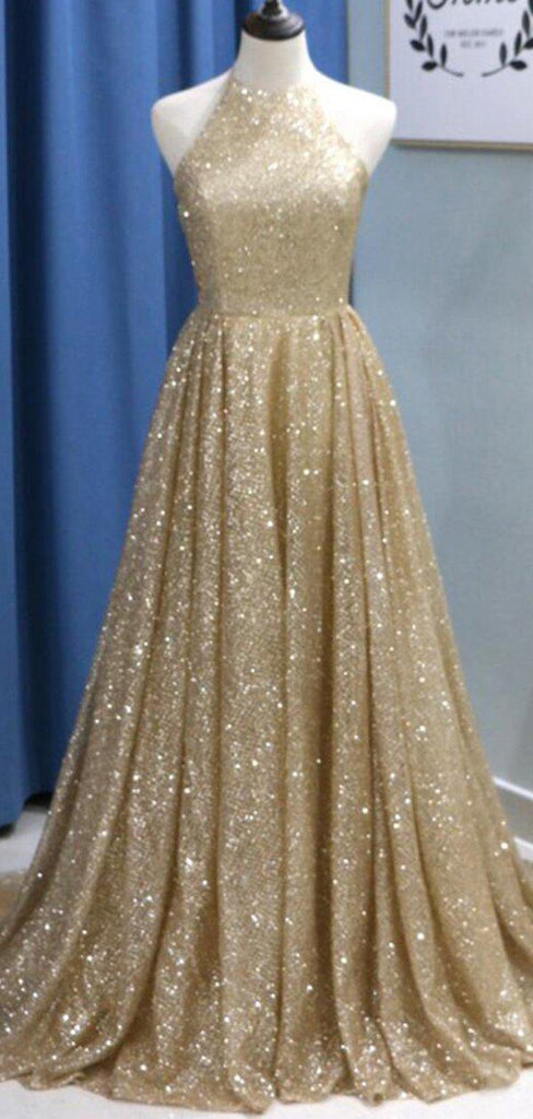 Sparkly Gold Sequin A-line Long Evening Prom Dresses, Evening Party Prom Dresses, 12295