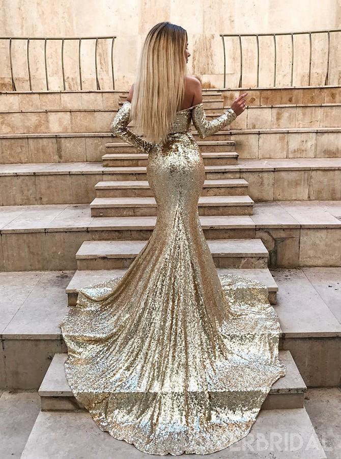 Sparkly Gold Sequin Long Sleeves Mermaid Evening Prom Dresses, Cheap Custom Sweet 16 Dresses, 18539