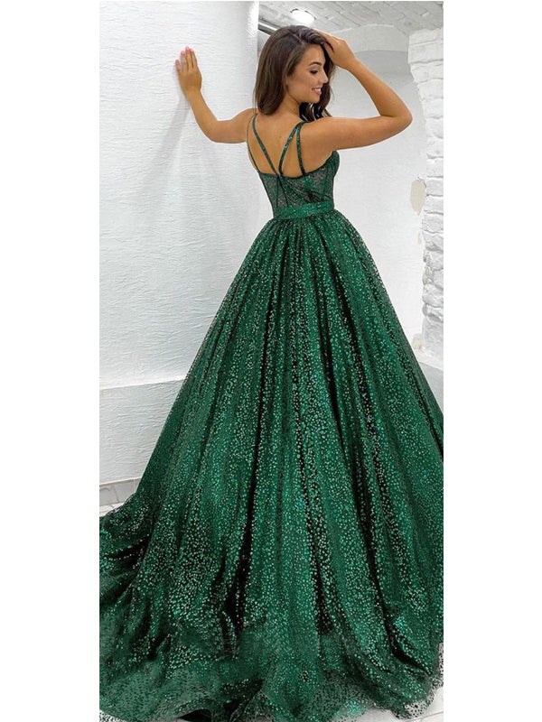 Sparkly Green A-line Spaghetti Straps Maxi Long Prom Dresses,Evening Dresses,12954