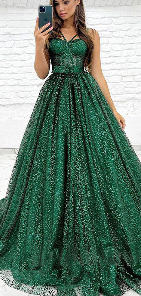 Sparkly Green A-line Spaghetti Straps Maxi Long Prom Dresses,Evening Dresses,12954