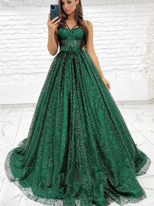 Sparkly Green A-line Spaghetti Straps Maxi Long Prom Dresses,Evening Dresses,12954