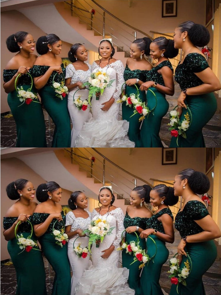 Sparkly Green Mermaid Off Shoulder Cheap Long Bridesmaid Dresses,WG1428