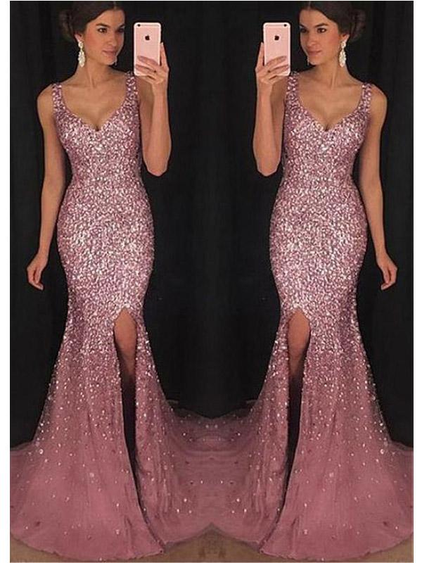 Sparkly Mermaid Dusty Rose Side Slit Cheap Long Prom Dresses Online,12433