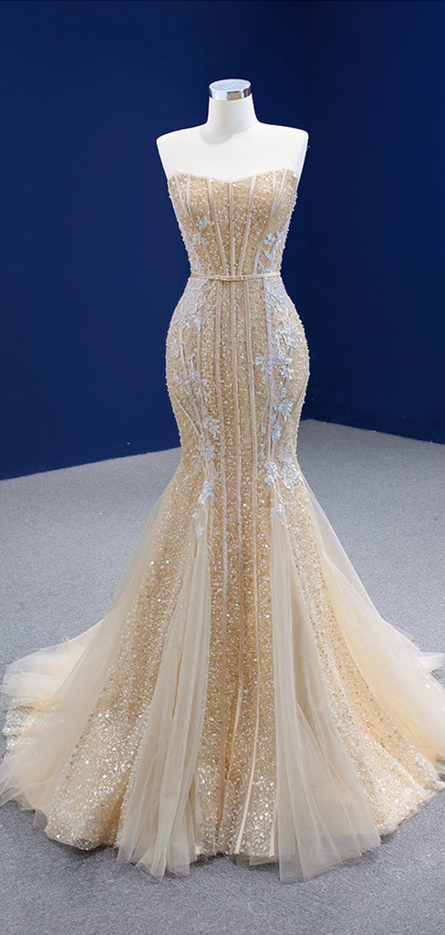 Sparkly Mermaid Sweetheart Champagne Gold Long Party Prom Dresses Online,12372