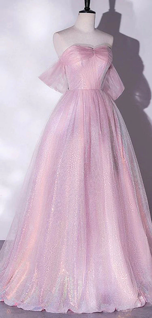 Sparkly Pink A-line Off Shoulder Maxi Long Prom Dresses,Evening Dresses,12998