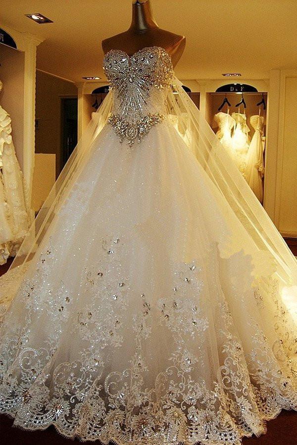 Sparkly Rhinestone Lace A line Wedding Dresses,  2017 Luxurious Long Custom Wedding Gowns, Affordable Bridal Dresses, 17111