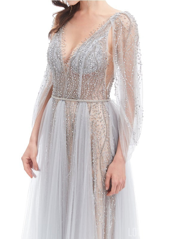 Sparkly See Through Grey A-line V-neck Open Back Long Prom Dresses Online,12591