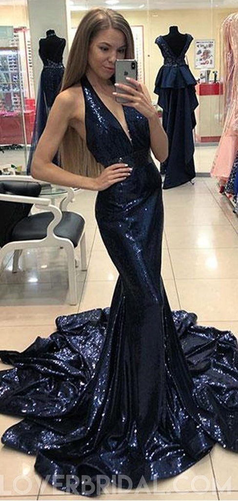 Sparkly Sequin Mermaid Navy Halter Long Evening Prom Dresses, Cheap Sweet 16 Dresses, 18439