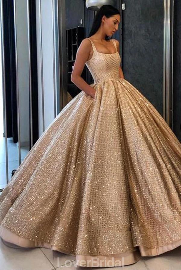 Square Neck Sequin Tulle Ball Gown Gold Evening Prom Dresses, Evening Party Prom Dresses, 12158