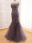 Strapless Grey Lace Mermaid Long Evening Prom Dresses, 17662