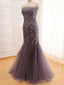 Strapless Grey Lace Mermaid Long Evening Prom Dresses, 17662