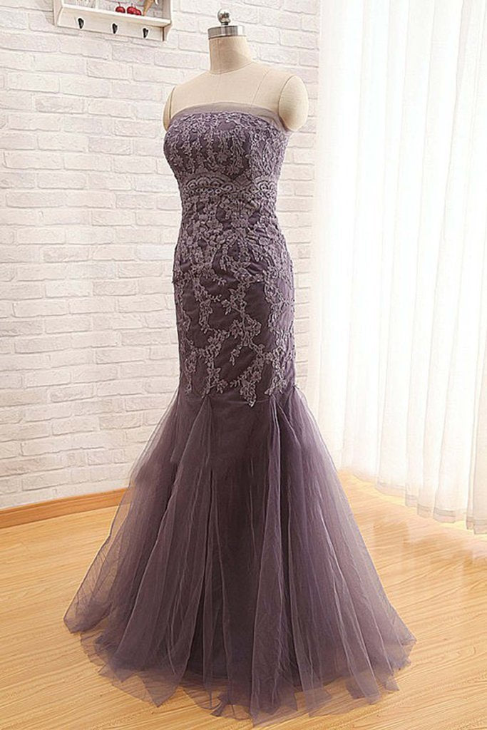 Strapless Grey Lace Mermaid Long Evening Prom Dresses, 17662
