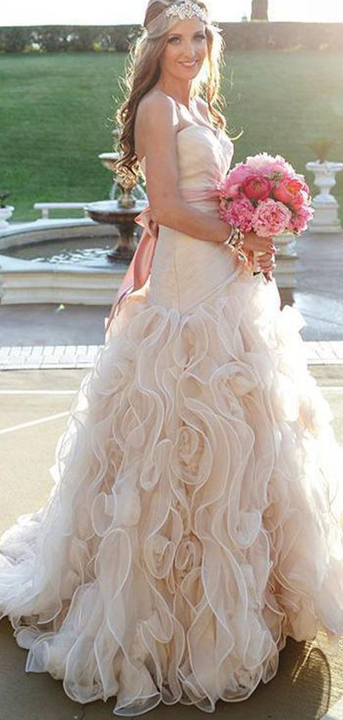 Strapless Champagne Cheap Wedding Dresses Online, Ruffle A-line Bridal Dresses, WD443