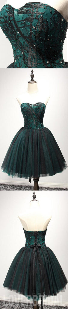 Strapless Dark Green Black Lace Tulle Homecoming Prom Dresses, Affordable Corset Back Short Party Prom Dresses, Perfect Homecoming Dresses, CM237