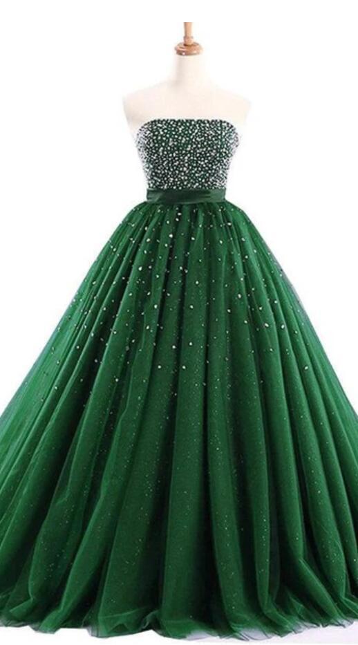 Strapless Emerald Green Tulle Beaded A-line Cheap Evening Prom Dresses, Sweet 16 Dresses, 17494