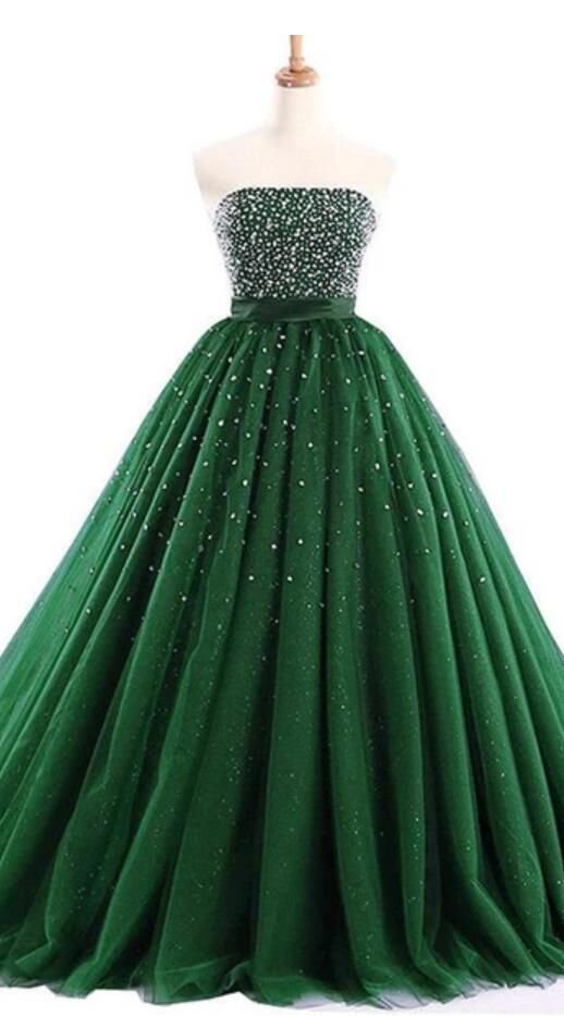 Strapless Emerald Green Tulle Beaded A-line Cheap Evening Prom Dresses, Sweet 16 Dresses, 17494