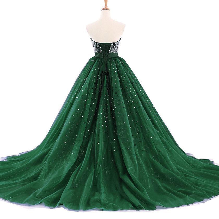 Strapless Emerald Green Tulle Beaded A-line Cheap Evening Prom Dresses, Sweet 16 Dresses, 17494