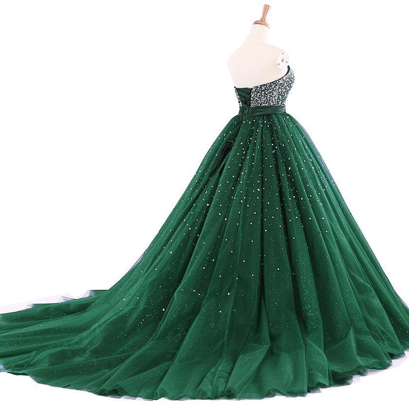 Strapless Emerald Green Tulle Beaded A-line Cheap Evening Prom Dresses, Sweet 16 Dresses, 17494