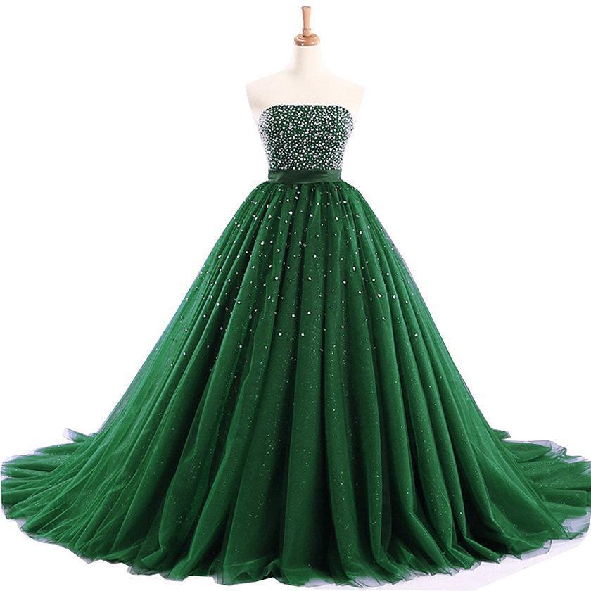 Strapless Emerald Green Tulle Beaded A-line Cheap Evening Prom Dresses, Sweet 16 Dresses, 17494