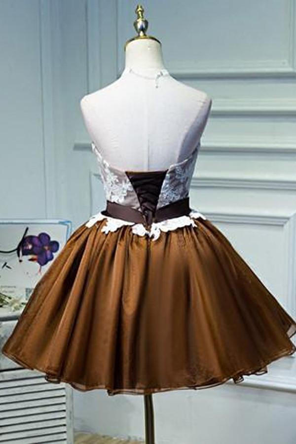 Strapless Lace Brown Skirt Homecoming Prom Dresses, Affordable Short Party Prom Sweet 16 Dresses, Perfect Homecoming Cocktail Dresses, CM365