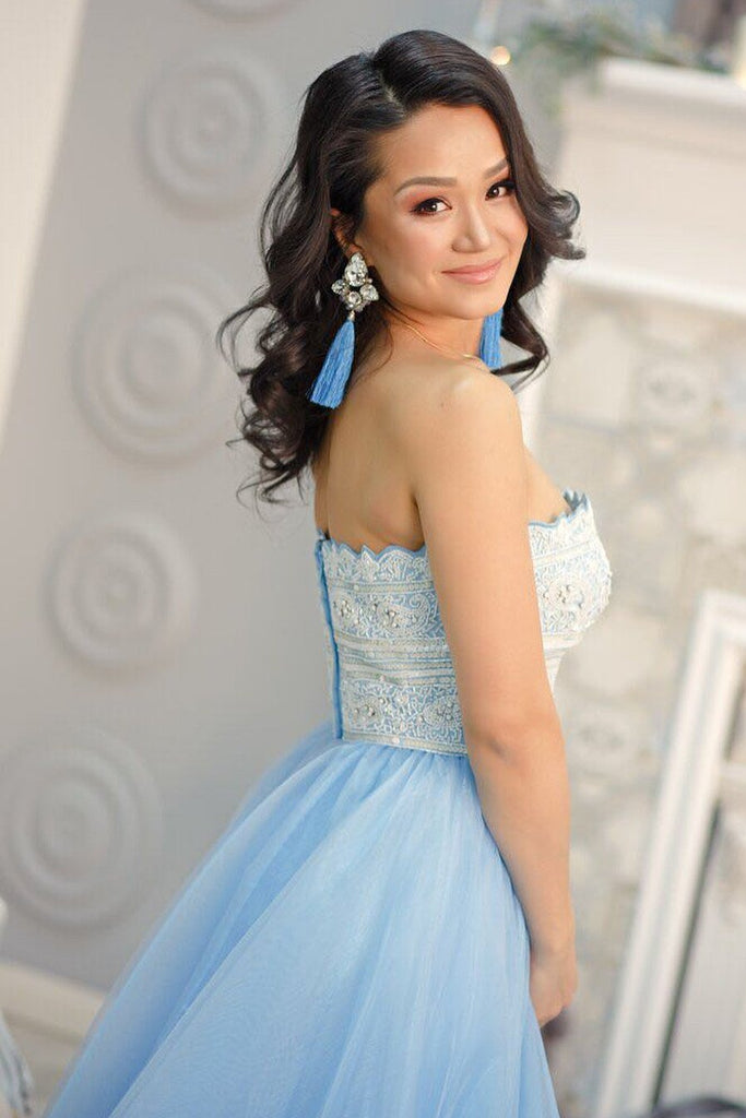 Strapless Lace Light Blue A-line Cheap Evening Prom Dresses, Sweet 16 Dresses, 17499