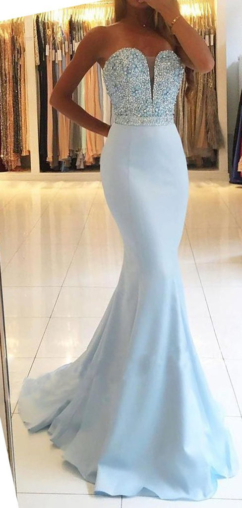 Strapless Light Blue Sweetheart Mermaid Long Custom Evening Prom Dresses, 17455