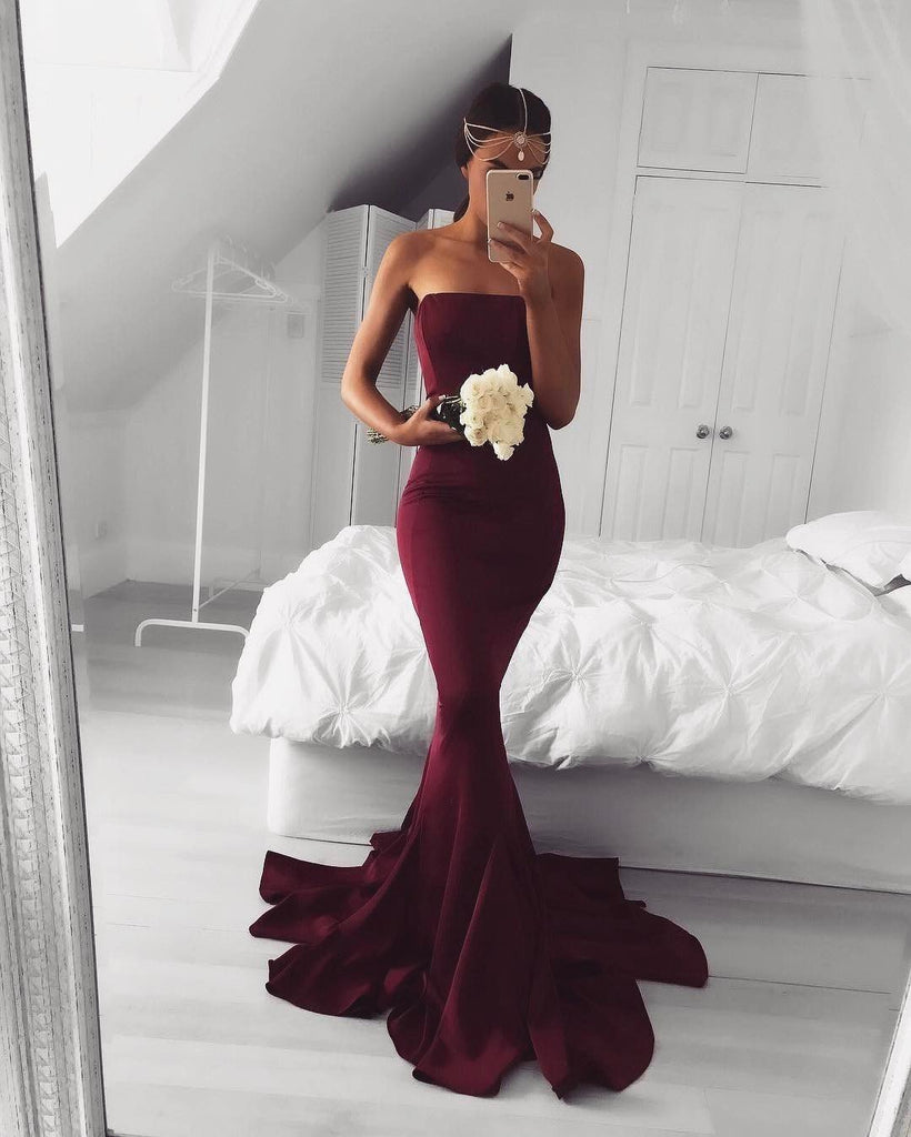 Strapless Maroon Mermaid Evening Prom Dresses, Long Simple Party Prom Dress, Custom Long Prom Dresses, Cheap Formal Prom Dresses, 17123