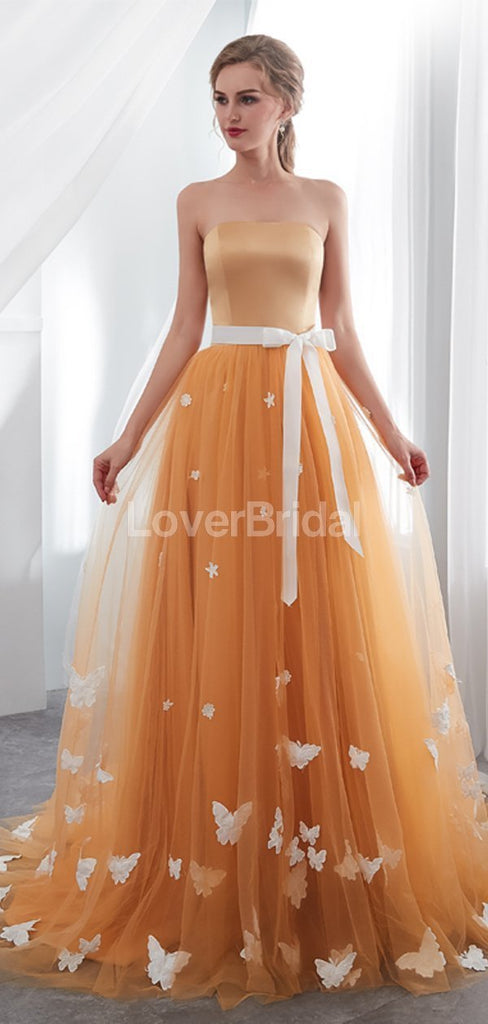 Strapless Orange Tulle ButterFly Evening Prom Dresses, Evening Party Prom Dresses, 12024